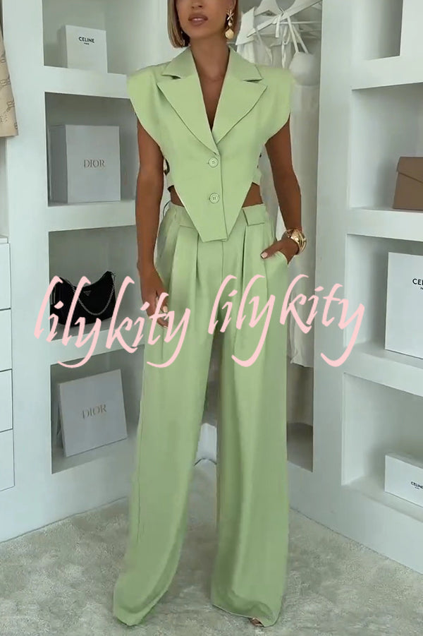 Fashion Style Lapel Waist-baring Irregular Vest and  Elastic Waist Pocket Loose Pants Set
