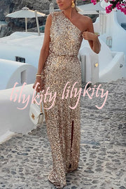 Santorini Night Sequin Fabric One Shoulder Slit Maxi Dress