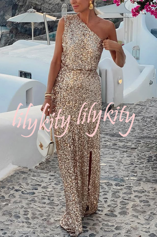 Santorini Night Sequin Fabric One Shoulder Slit Maxi Dress