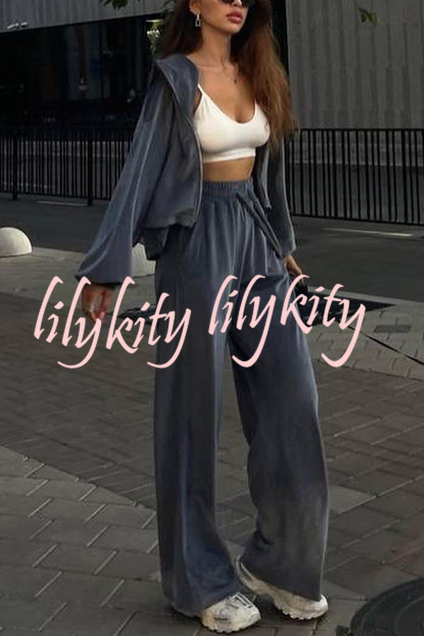 Velvet Casual Zip-up Hooded Top and Elastic Waist Wide Leg Pants Set