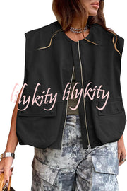 Fashion Zipper Sleeveless Pocket Loose Vest Jacket
