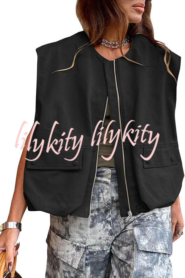 Fashion Zipper Sleeveless Pocket Loose Vest Jacket