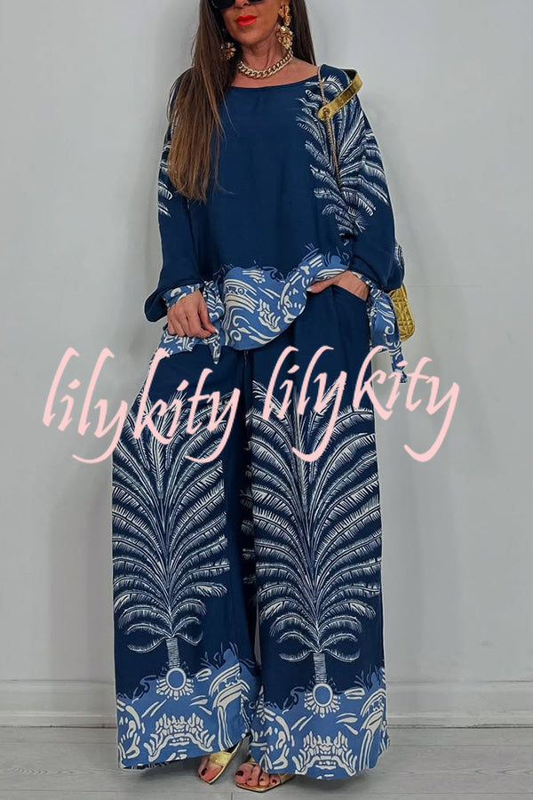 Unique Print Loose Drawstring Long Sleeve Top and Elastic Waist Casual Pocket Wide Leg Pants Set