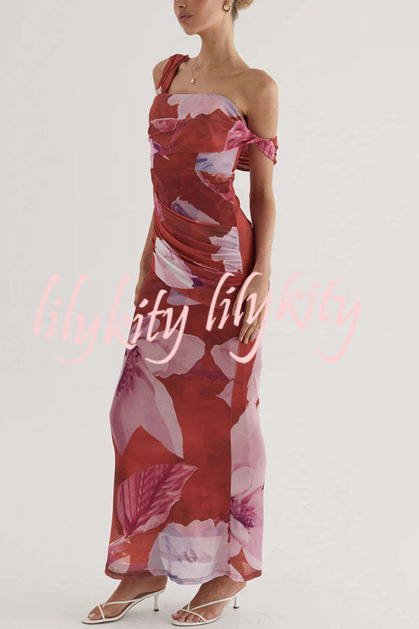 Drama Elegance Mesh Floral One Shoulder Ruched Stretch Maxi Dress