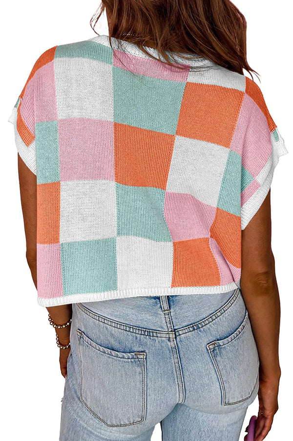 Fashionable Checkerboard Color Block Short-sleeved Loose Sweater