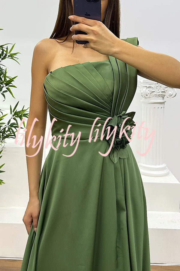 Nasha Satin Pleated One Shoulder Petal Gemstone Detail Pocket Slit Maxi Dress
