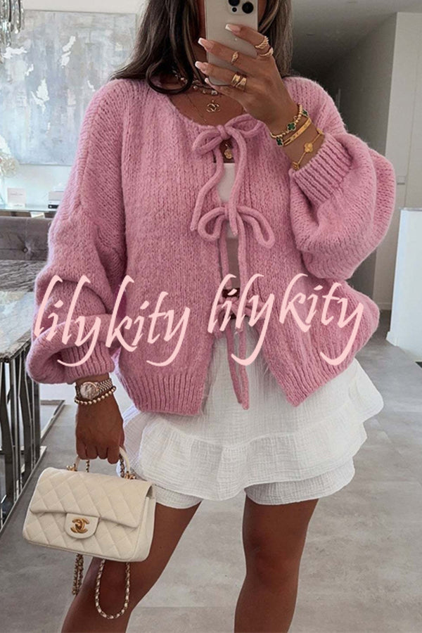 Solid Color Long-sleeved V-neck Lace-up Loose Knitted Sweater