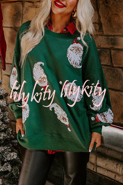 Santa Honey Sequin Christmas Pattern Loose Sweatshirt