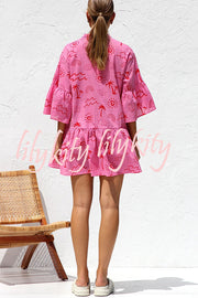 Shelby Unique Print Bell Sleeve Smock Style Tiered Shirt Mini Dress