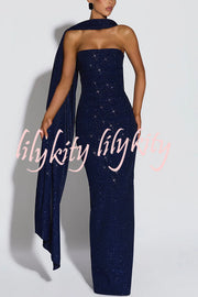 Pandra Glittery Crepe Fabric Off Shoulder Ruched Slit Cape Maxi Dress