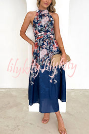 Floral Print Halterneck Tie Zip Smocked Maxi Dress