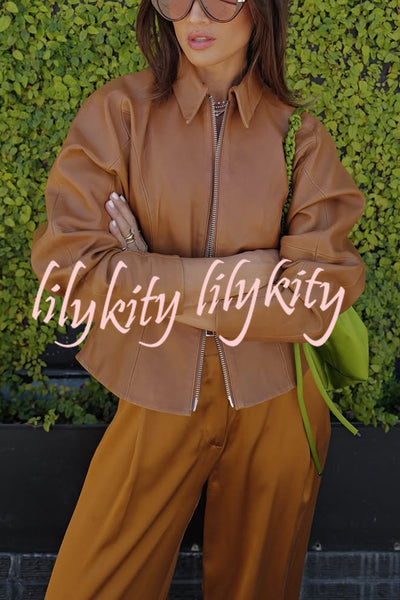 Pop of Brown Faux Leather Double Zipper Detail Balloon Sleeve Lapel Jacket