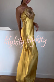 Fashionable Beaded Large Flower Decoration Halter Neck Backless Maxi Dress