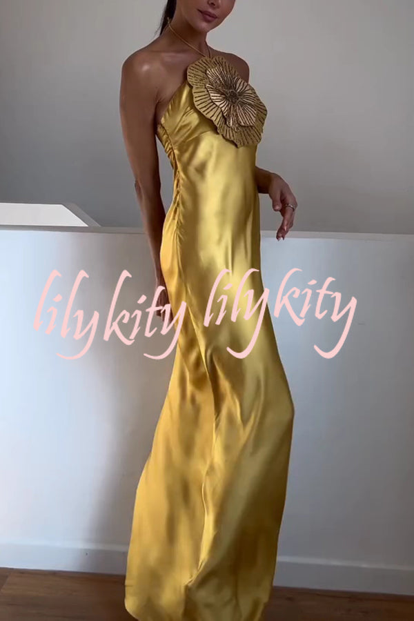 Fashionable Beaded Large Flower Decoration Halter Neck Backless Maxi Dress