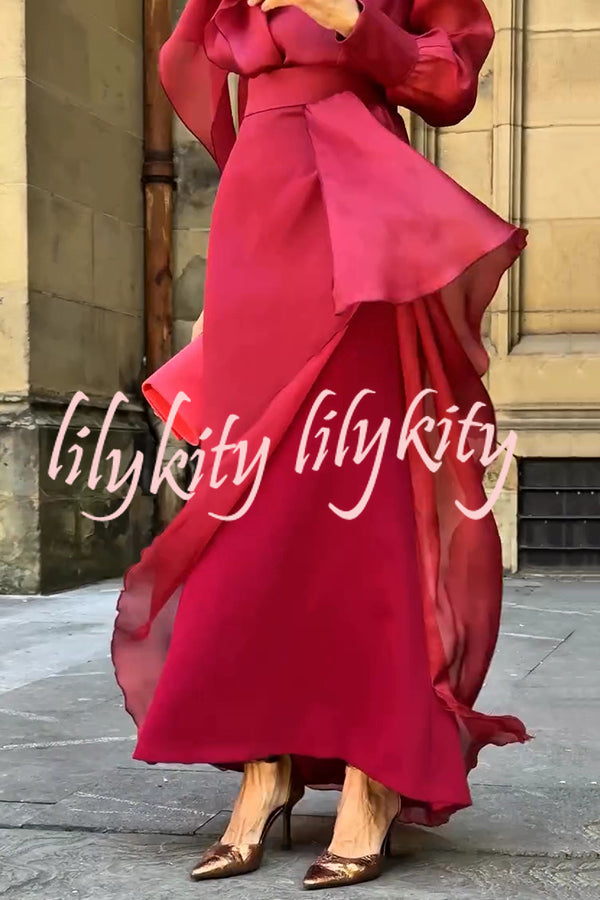 Lily Chiffon Bow Detail Puff Sleeve Blouse and Elegant Layered Maxi Skirt Set