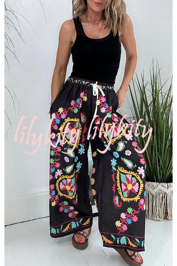 Hippie Style Unique Floral Denim Print Elastic Waist Pocketed Wide Leg Pants