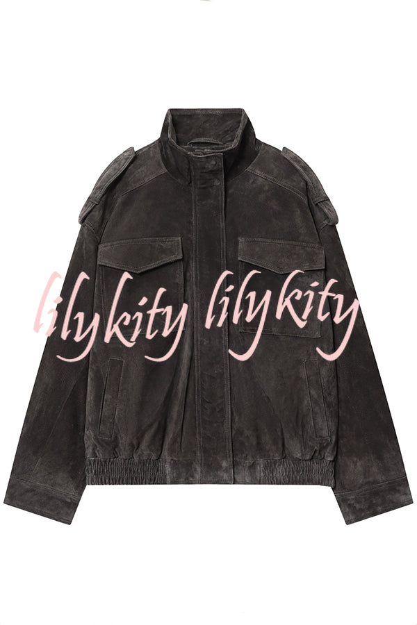 Fashionable Suede Loose Pocket Leather Jacket