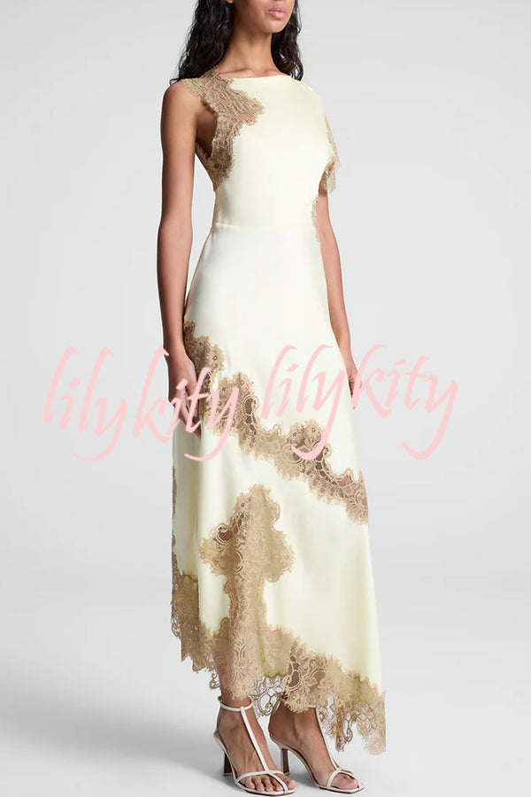 Paris Dream Satin Lace Trim Irregular Design Drape Maxi Dress