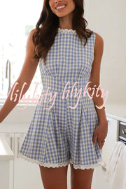 Plaid Print Sleeveless Pleated Waist Casual Rompers