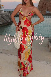 Hawaiian Dreams Satin Floral Print Cutout Backless Maxi Dress