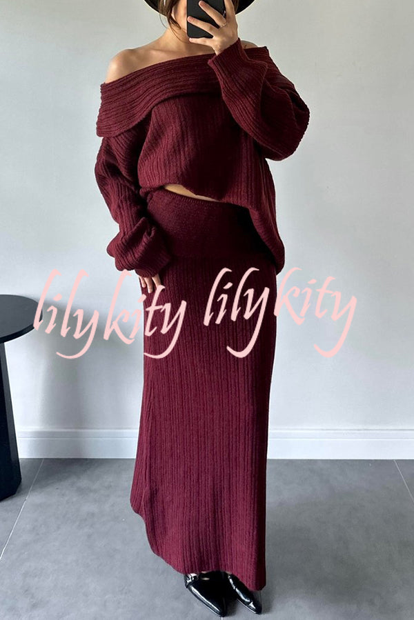 Luka Ribbed Knit Off Shoulder Long Sleeve Sweater and Stretch Maxi Skirt Set