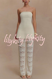 Trena Crochet Knit Hollow Mid Rise Stretch Wide Leg Pants
