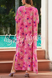 Floral Print V-Neck Lace-Up Loose Holiday Cover-Up Maxi Dress