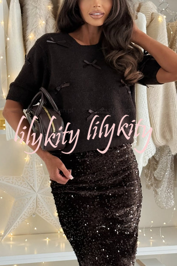 Light The Night Knit Satin Bow Detail Short Puff Sleeve Sweater