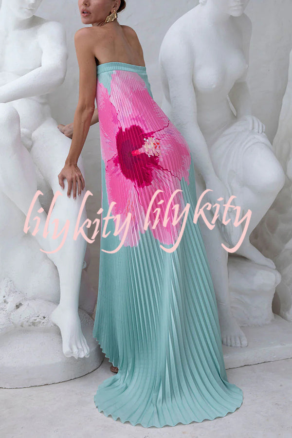 All about Her Pleated Floral Print Off Shoulder A-line Maxi Dress