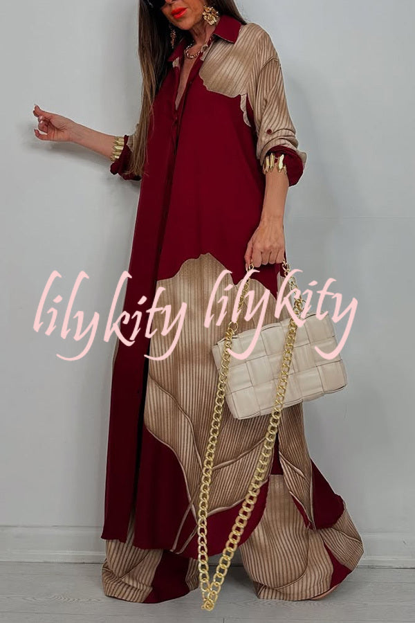 Unique Printed Casual Loose Long Shirt and Elastic Waist Pocket Wide Leg Pants Set