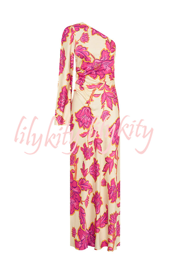 Rhia Satin Floral Print One Shoulder Flared Maxi Dress