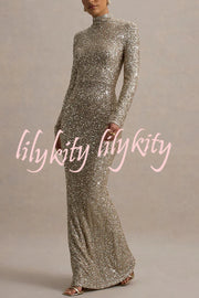 Galaxy Premium Sequin Turtle Neck Long Sleeve Maxi Dress