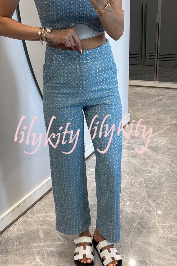 Fashionable Look Denim Sequin Textured High Rise Pocket Straight Jeans