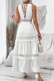 Solid Color Hollow Lace Splicing V-neck Sleeveless Maxi Dress