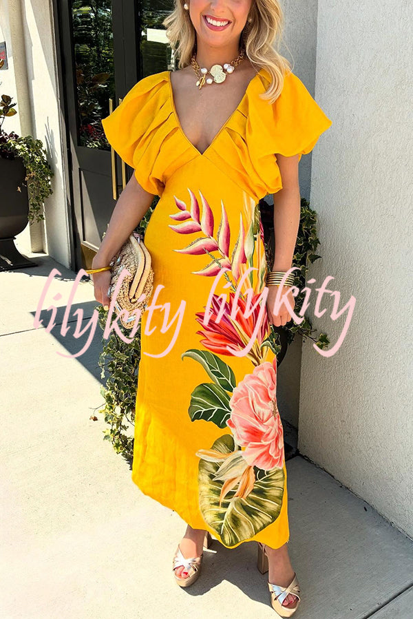 Plant Print V-neck Open Back Holiday Style Slit Midi Dress