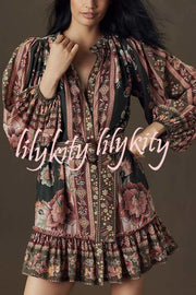 Brazilian Style Unique Floral Print Puff Sleeve Belted Pleated Hem Mini Dress