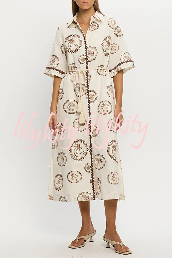 Resort Style Print Lapel Short Sleeves Casual Pocket Waist Tie Loose Midi Dress