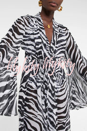Marsie Zebra-print Elastic Drawstring Waist Long Bell Sleeve Cover-up Kimono