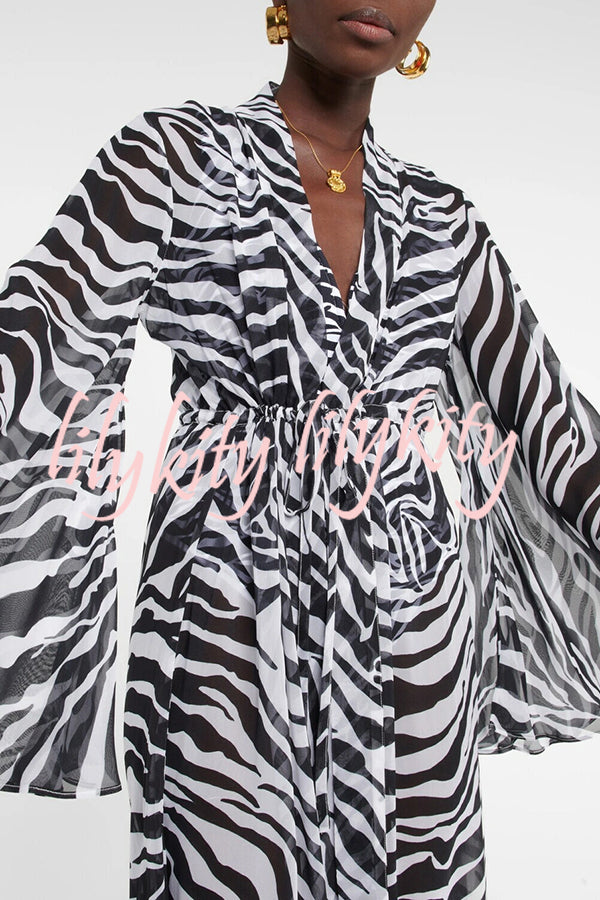 Marsie Zebra-print Elastic Drawstring Waist Long Bell Sleeve Cover-up Kimono