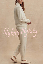Ivory Marl Fleck Half-Zip Neck Long Sleeve Sweatshirt and Elastic Waist Pocket Jogger Set