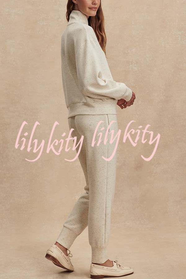 Ivory Marl Fleck Half-Zip Neck Long Sleeve Sweatshirt and Elastic Waist Pocket Jogger Set