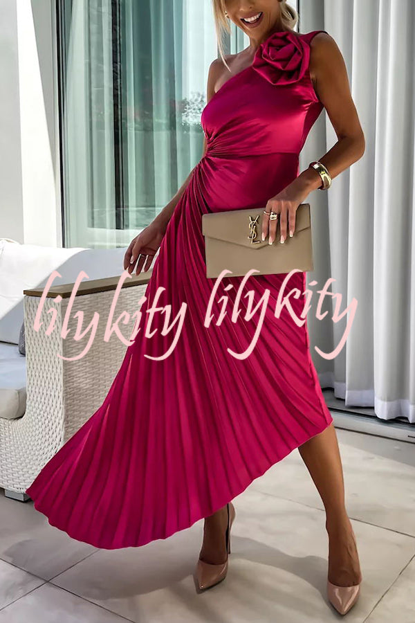 Romantic Nights Satin Raised Flower Elastic Cutout One Shoulder Pleated Maxi Dress