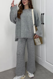 Solid Color Loose Long-sleeved Knit Top and Elastic Waist Casual Straight Leg Pants Set