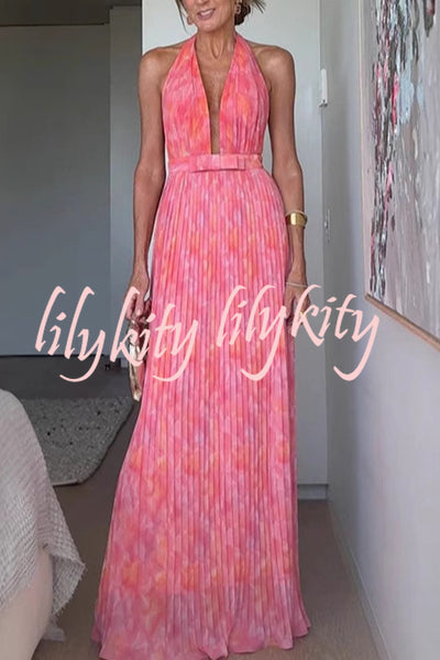 Unique Print Sexy Halter Neck Tie Pleated Vacation Maxi Dress