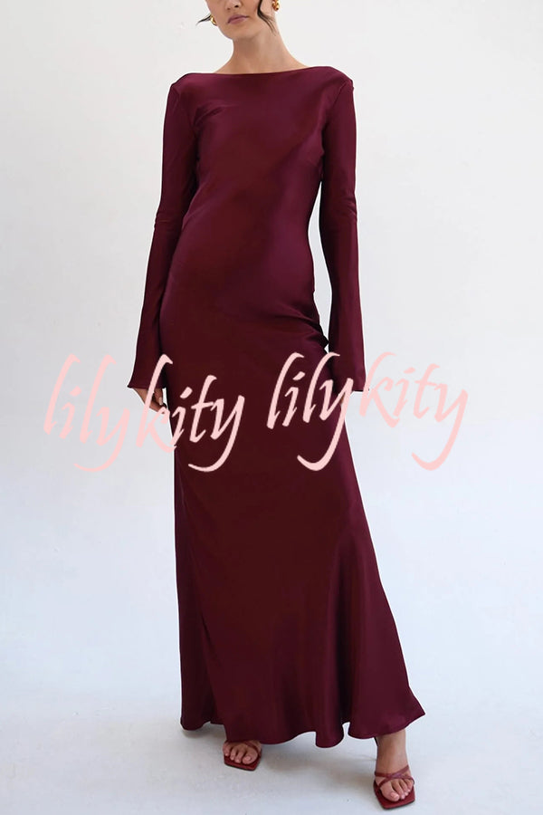Satin Elegant Long-sleeved Open-back Slim-fit Slit Maxi Dress