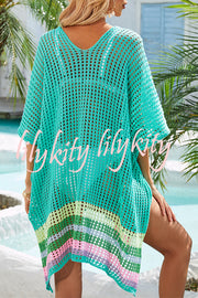 Color Block V Neck Slit Hollow Short Sleeved Knitted Cover Up
