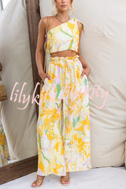 Soleila Floral Print One Shoulder Tie-up Crop Top and Elastic Waist Pocket Loose Pants Set