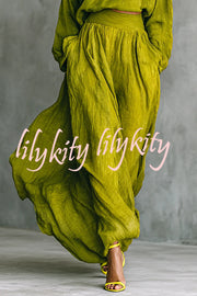 Linen Blend Solid Color Loose Long-sleeved Top and High-waisted Casual Pocket Maxi Skirt Set