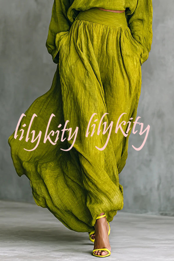 Linen Blend Solid Color Loose Long-sleeved Top and High-waisted Casual Pocket Maxi Skirt Set