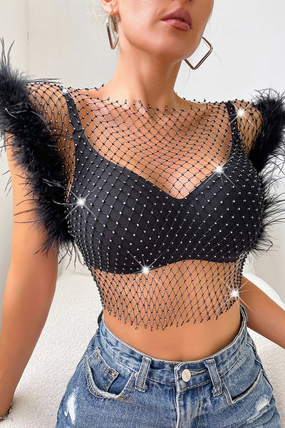 Sexy Ostrich Feather Rhinestone Fishnet Slim Fit Top